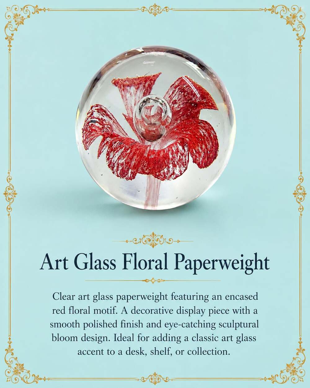 Clear Art Glass Paperweight with Encased Red Floral Motif